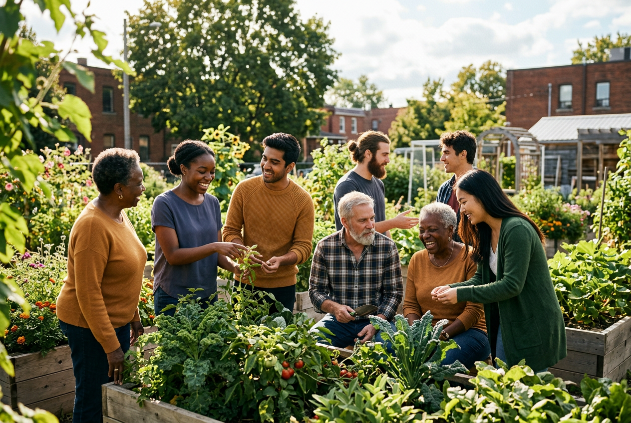 Community members gathering in a green community garden